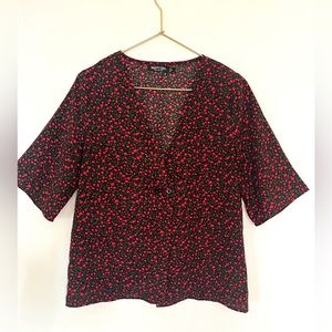NASTY GAL ~ Cherry Print, Elbow Sleeve, V-Neck, Open Front Blouse